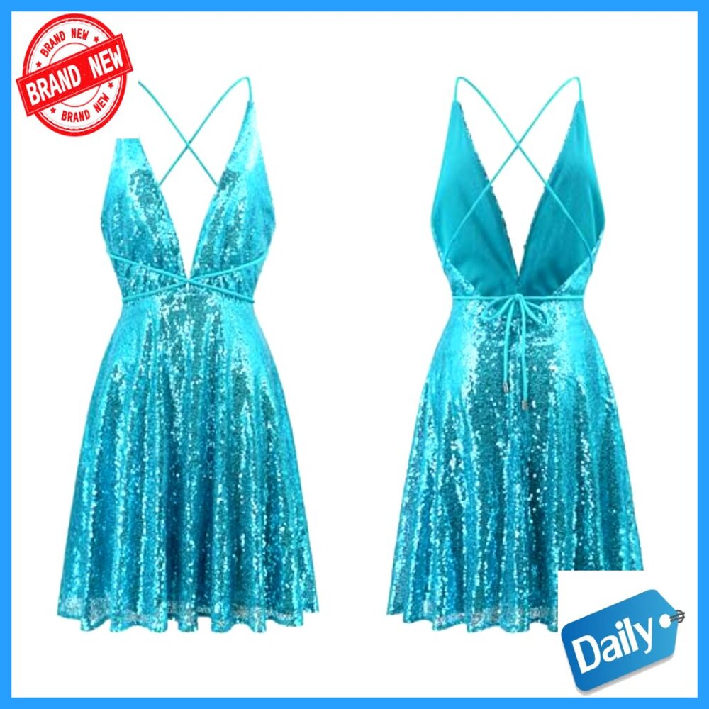 Sequin Spaghetti Strap Deep V Backless Skater Swi… - image 6